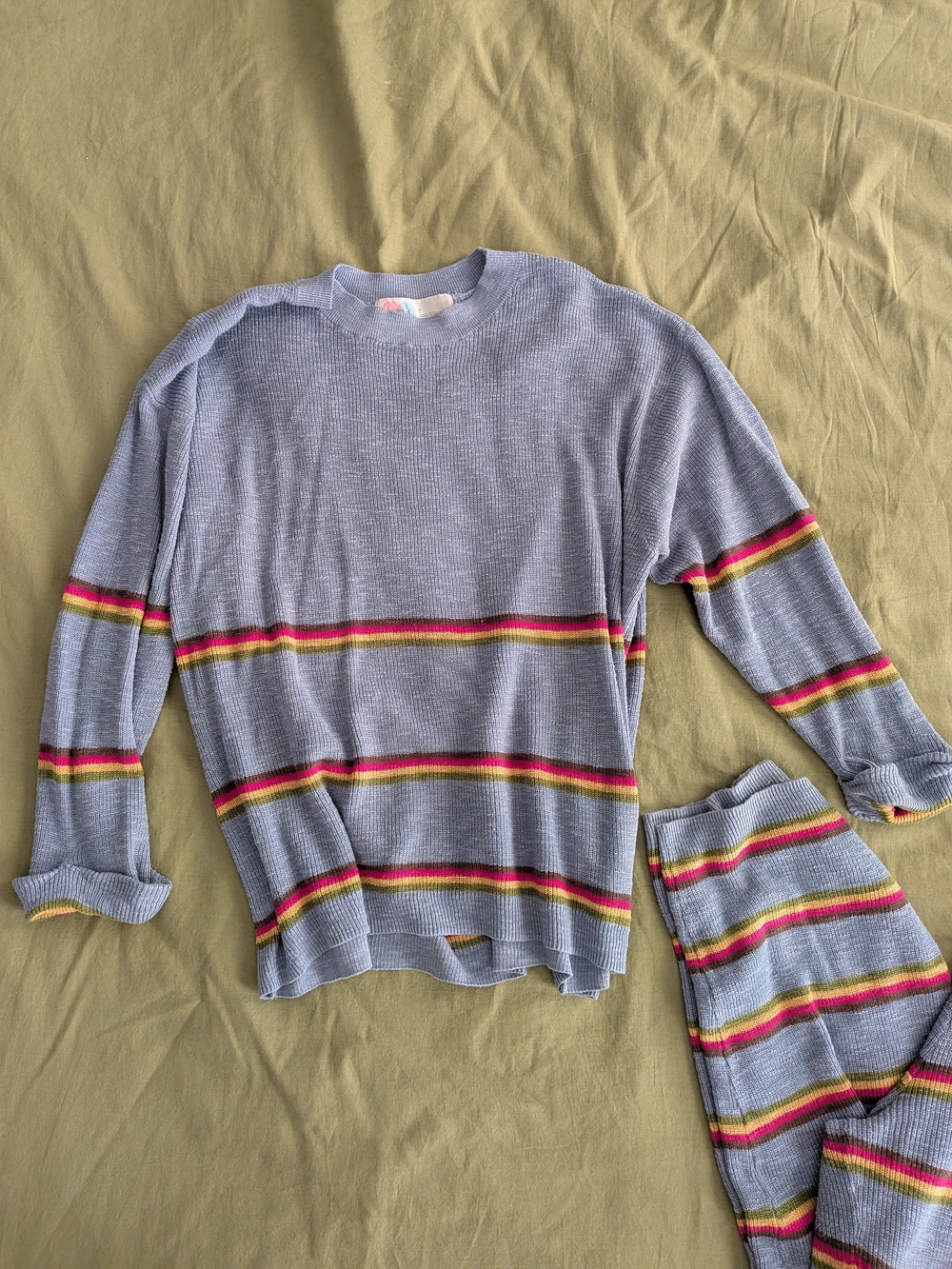 Free People Light Blue Stripe Beach Set with Pink & Yellow Accents
